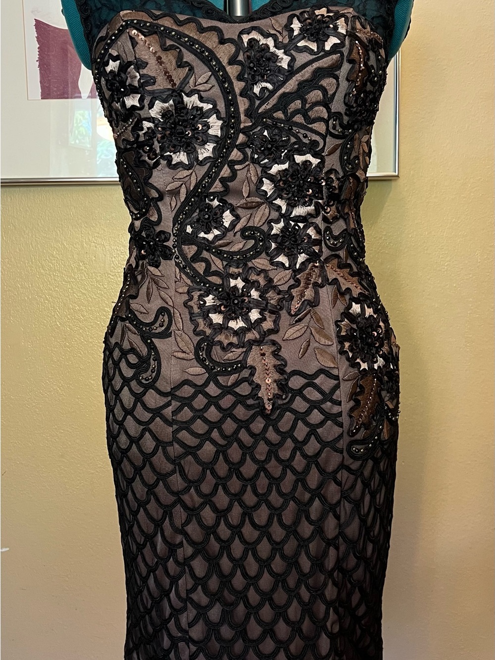 Sue Wong Black Nude Bead Sequin‎ Embroidered Lace Sleeveless Cocktail Dress Sz 8